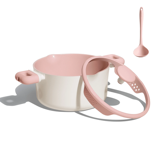 Carote 7 QT Stock Pot with Strainer Lid, Ceramic Nonstick Soup Pot, Induction Compatible, Pink