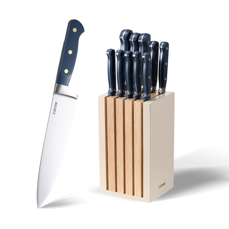 CAROTE 11PCS Knife Set with Block for kitchen, Stainless Steel Razor-Sharp Blade, Triple Riveted Ergonomic Handle,Essential