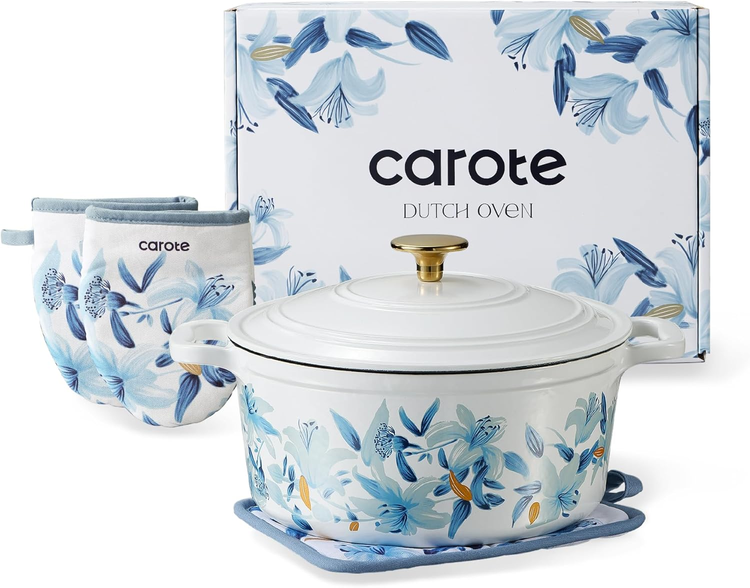CAROTE Cast Iron Dutch Oven Pot with Lid, Enameled Dutch Oven for Bread Baking, Dual Handles, Heavy-Duty Cast Iron Pot, 5QT, White&Blue