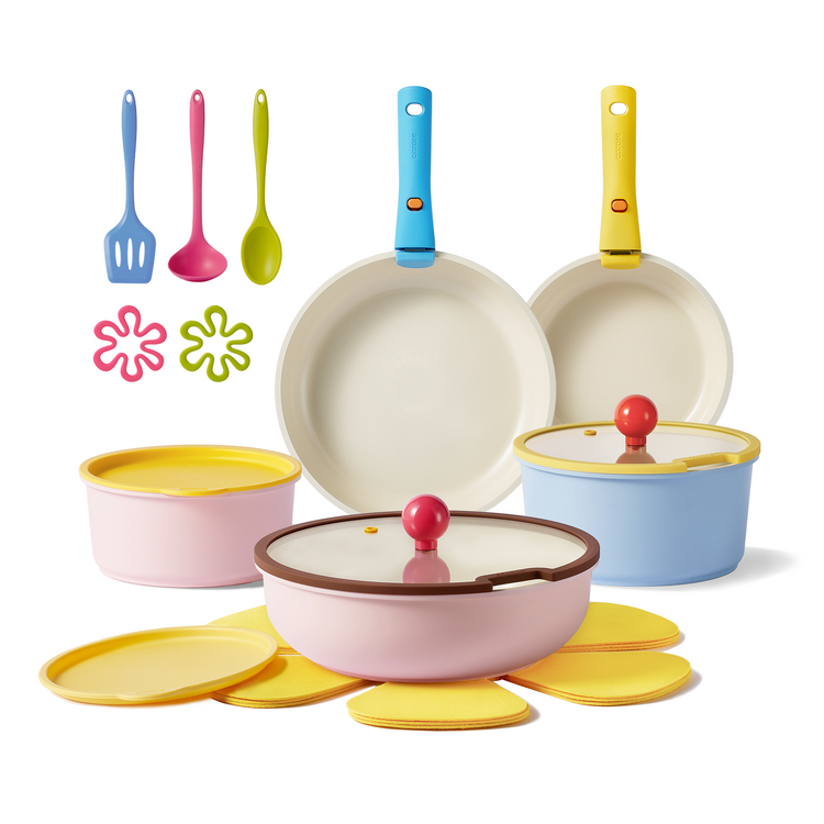 Carote 20 Pcs Nonstick Cookware Set, Pots and Pans Set with Detachable Handles, Oven/Dishwasher Safe, Stackable Kitchen Cooking Set, Colorful