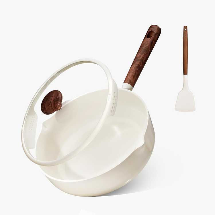 Carote 5 QT Ceramic Nonstick Sauté Pan with Strainer Lid, 11" Deep Frying Pan, Induction Compatible, Easy to Clean, White