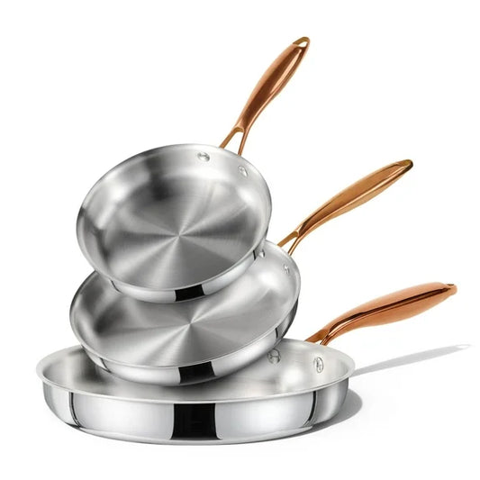 Carote 3-Piece Tri-Ply Stainless Steel Frying Pan Set, 8", 10" & 12" No Coating Skillets, Durable Cookware,Easy Cleaning