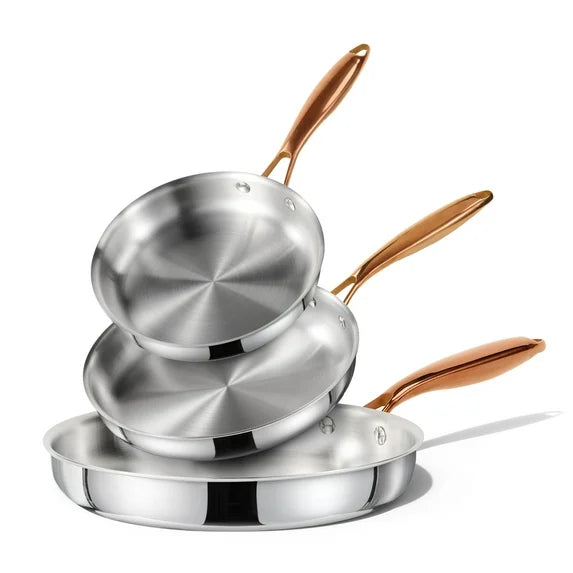 CAROTE 8"+10"+12" Stainless Steel Frying Pan Set, Non-Toxic PTFE & PFOA Free Fry Pan & Omelet Pan, Oven Safe, Compatible with Induction, Ceramic, Gas Cooktops, Sliver