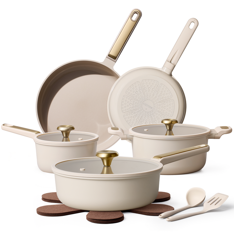 Carote 14-Piece Pots and Pans Set, Ceramic Nonstick Cookware Set with Utensils,Induction Compatible, Taupe