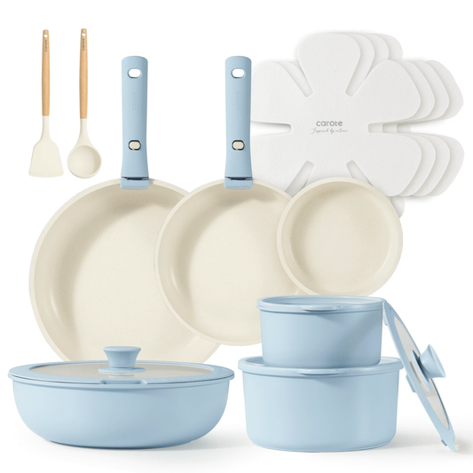 Carote 18-Piece Pots and Pans Set, Nonstick Cookware Set with Detachable Handles, Dishwasher & Oven Safe, Induction Compatible, Stackable RV Kitchen Cooking Set, Blue