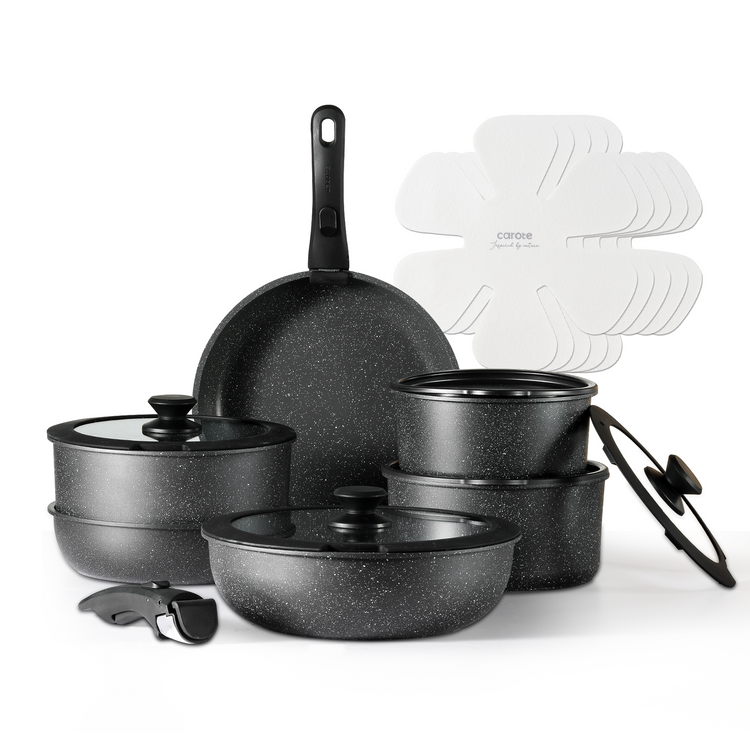 CAROTE 18pcs Cookware Set Detachable Handle set,Pots and Pans Set