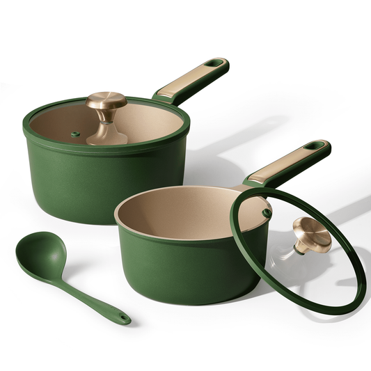CAROTE 2QT & 2.5QT Sauce Pan Sets with Lid & Ladle Cooking Pots Nonstick Saucepans Cookware Set Small Kitchen Pot, Induction Comptable, Easy to Clean, PFOA FREE (Green)