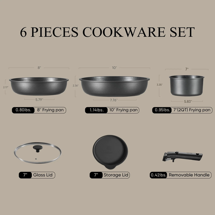 CAROTE 6pcs Pots and Pans Set Non Stick, Cookware Sets, Kitchen Set, Oven/Fridge Safe, Space Saving Pots Set, Nonstick Cooking Set with Versatile Detachable Handle, Induction RV Set, Jet Black