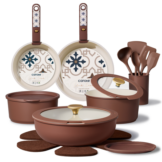 CAROTE 21Pcs Ceramic Cookware Set, Pots and Pans Set Non stick, Non Toxic Cookware Detachable Handle, Kitchen Cooking Set - Induction Cookware, Dishwasher/Oven Safe, PFAS Free, Chocolate