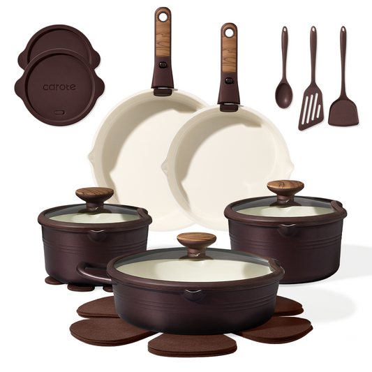 CAROTE 22Pcs Titanium Cookware Set, Pots and Pans Set Non Stick, Kitchen Cooking Set with Detachable Handle, Non Toxic Induction Cookware, Dishwasher/Oven Safe, Browm