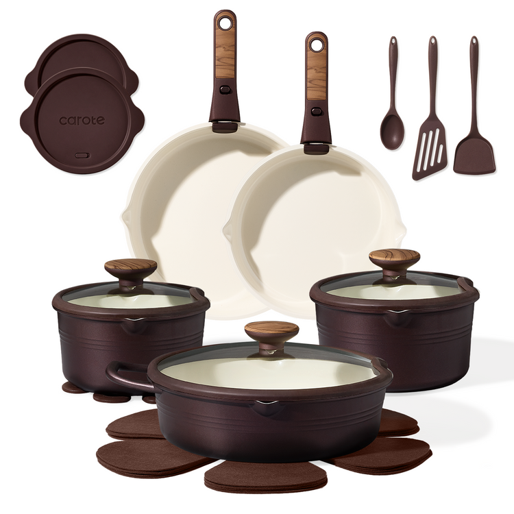 CAROTE 22Pcs Titanium Cookware Set, Pots and Pans Set Non Stick, Kitchen Cooking Set with Detachable Handle, Non Toxic Induction Cookware, Dishwasher/Oven Safe, Browm