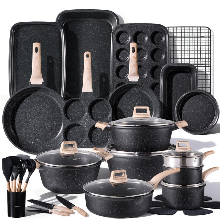 CAROTE 44pcs Pots and Pan Set Nonstick, Cookware Sets, Cooking Set Non Stick, Induction Cook Ware with Bakeware Set, Kitchen Knife Set