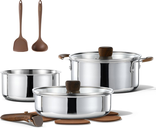 CAROTE 10pcs Stainless Steel Cookware Set with Detachable Handle, Pots and Pans Set, Induction Kitchen Cooking Sets, RV/Camping Cookware, Removable Handle, Oven Safe, Woodgrain