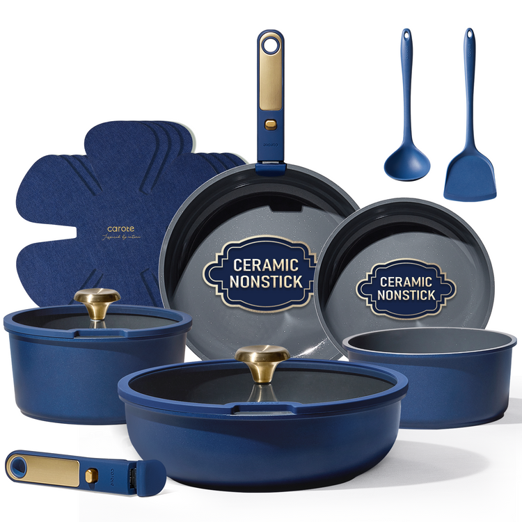 CAROTE Blue&Gold Ceramic Cookware Set Non Toxic, PFAS Free,15Pcs Pots and Pans Set Non Stick Detachable/Removable Handle,Kitchen Cooking Set Dishwasher Safe, Nonstick Pot and Pan, Induction Cookware