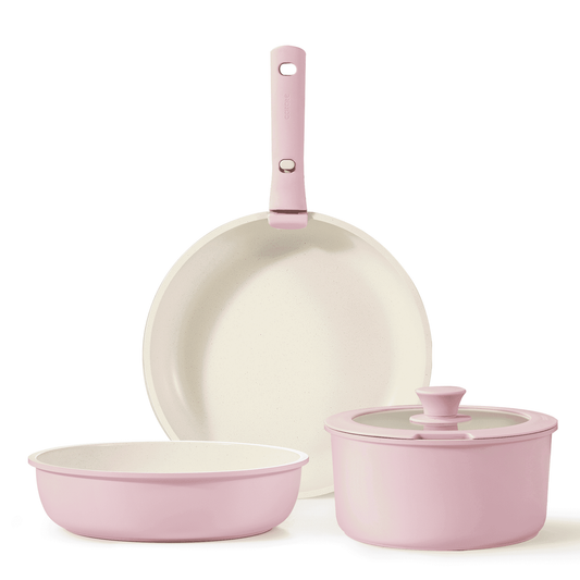 Carote 5 Pcs Pots and Pans Nonstick, Cookware Set with Detachable Handles, Oven Safe, Induction Ready, Stackable Kitchen Cooking Set, Pink