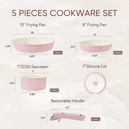 Carote 5 Pcs Pots and Pans Nonstick, Cookware Set with Detachable Handles, Oven Safe, Induction Ready, Stackable Kitchen Cooking Set, Pink