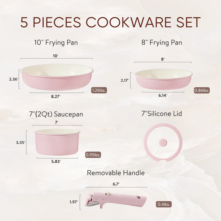 Carote 5 Pcs Pots and Pans Nonstick, Cookware Set with Detachable Handles, Oven Safe, Induction Ready, Stackable Kitchen Cooking Set, Pink