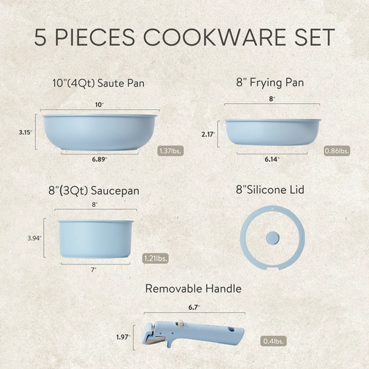 Carote 5 Pcs Nonstick Pots and Pans, Granite Non Stick Cookware Sets with Removable Handle, Oven Safe, Stackable Kitchen Cooking Set, Baby Blue