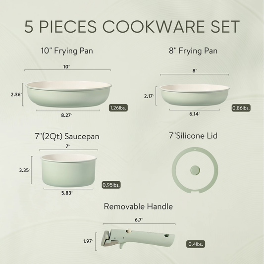 Carote 5 Pcs Pots and Pans Nonstick, Cookware Set with Detachable Handles, Oven Safe, Induction Ready, Stackable Kitchen Cooking Set, Green