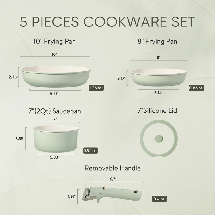 Carote 5 Pcs Pots and Pans Nonstick, Cookware Set with Detachable Handles, Oven Safe, Induction Ready, Stackable Kitchen Cooking Set, Green