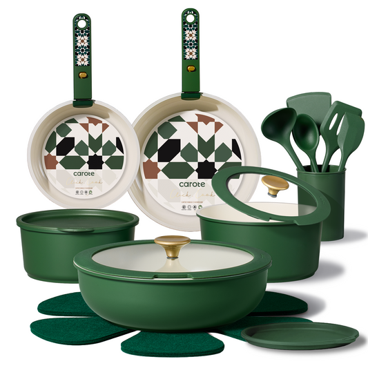 CAROTE 21Pcs Ceramic Cookware Set, Pots and Pans Set Non stick, Non Toxic Cookware Detachable Handle, Kitchen Cooking Set - Induction Cookware, Dishwasher/Oven Safe, PFAS Free, Green
