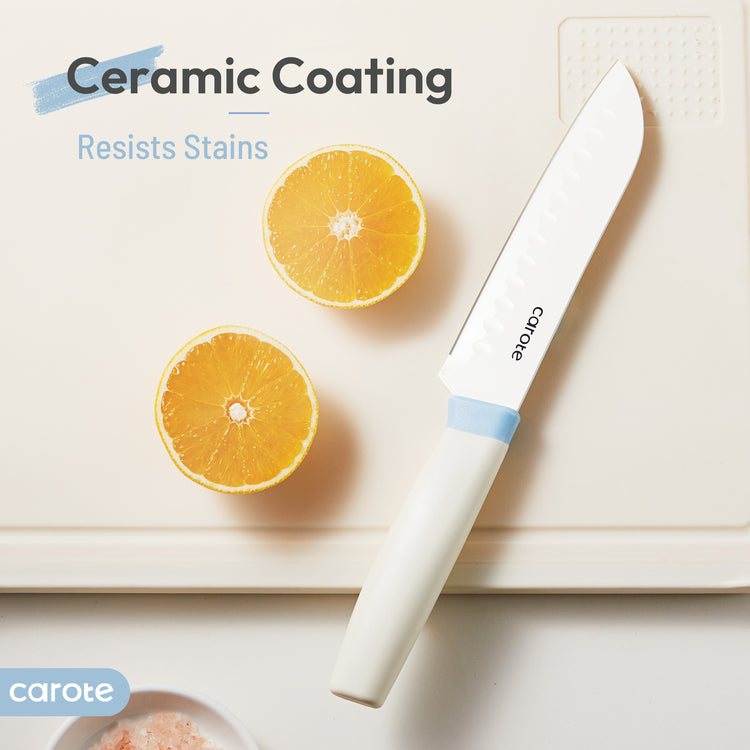 Carote 5 Pieces Ceramic Coating Kitchen Knife Set with Stainless Steel Blade,Nonstick Kitchen Knife & Santoku Knife,Dishwasher Safe,White