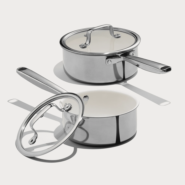 Carote 4-Pcs Tri-Ply Stainless Steel Saucepan Set with Lids, 1.5QT & 3QT Ceramic Coating Induction Pots, Rapid Heating, Easy Cleaning