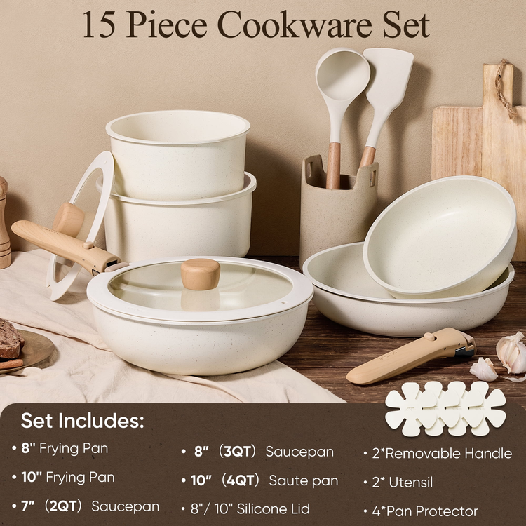 Carote 15 Pcs Nonstick Cookware Sets, Granite Non Stick Pots and Pans with Removable Handles, Oven Safe, Induction Compatible, Cream White