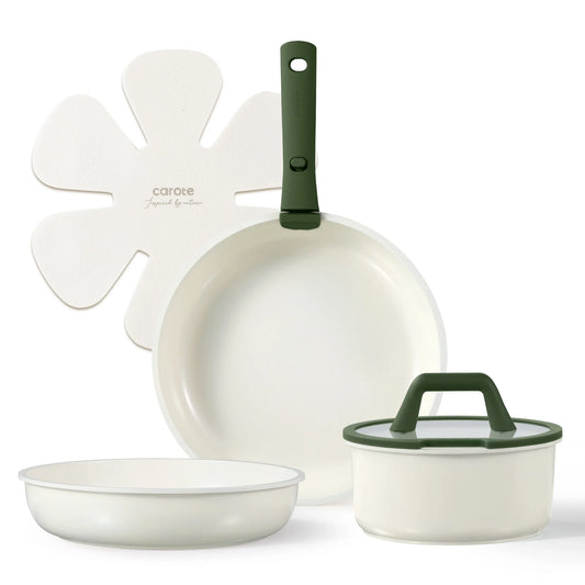 Carote 8 Pcs Ceramic Cookware Sets, Nonstick Pots and Pans Set W/ Detachable Handle, Oven & Dishwasher Safe, Dark Green