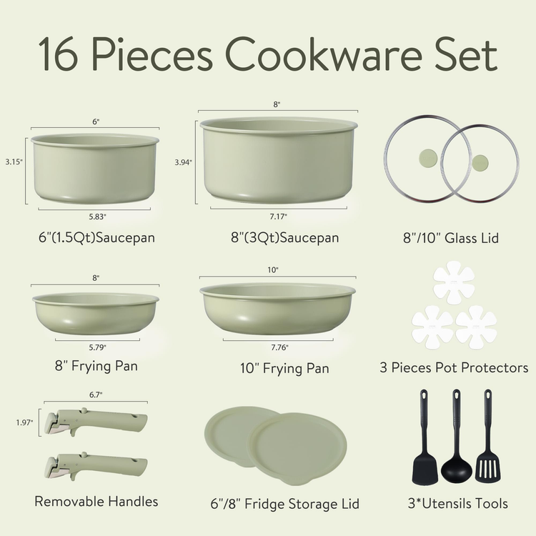 Carote 16-Piece Ceramic Nonstick Cookware Set, Pots and Pans Set with Detachable Handle, Induction Compatible, Oven & Dishwasher Safe, Sage Green