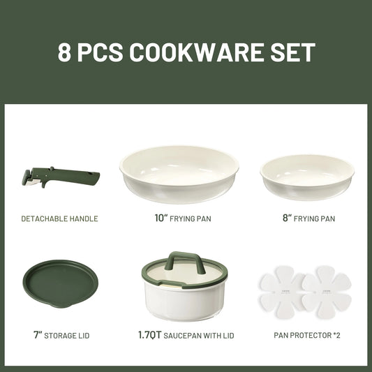 Carote 8 Pcs Ceramic Cookware Sets, Nonstick Pots and Pans Set W/ Detachable Handle, Oven & Dishwasher Safe, Dark Green