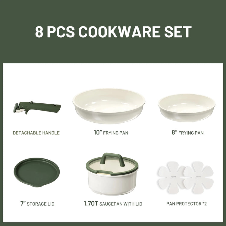 Carote 8 Pcs Ceramic Cookware Sets, Nonstick Pots and Pans Set W/ Detachable Handle, Oven & Dishwasher Safe, Dark Green
