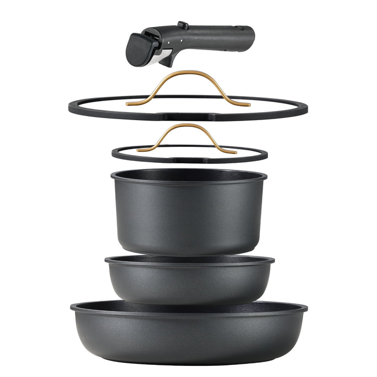 Carote 6-Piece Pots and Pans Set, Nonstick Cookware Set with Detachable Handles, Dishwasher/Oven Safe, Black