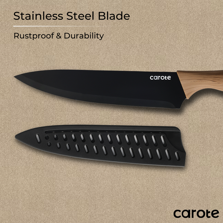 CAROTE 6Pcs Knives Set Stainless Steel, Black, Wooden Handle