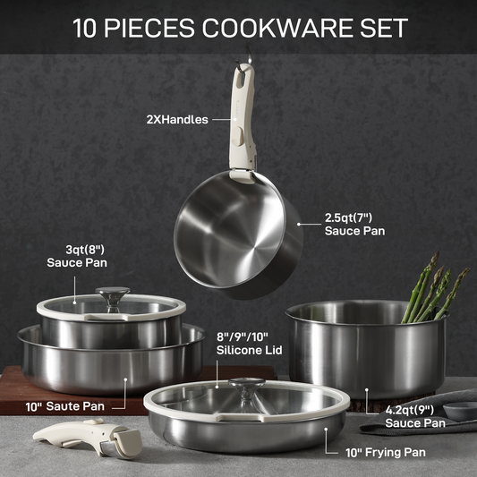 CAROTE 10pcs Pots and Pans Set, Stainless Steel Cookware Set Detachable Handle, Induction Kitchen Cookware Sets with Removable Handle, RV Cookware Set, Oven Safe, Stainless Steel
