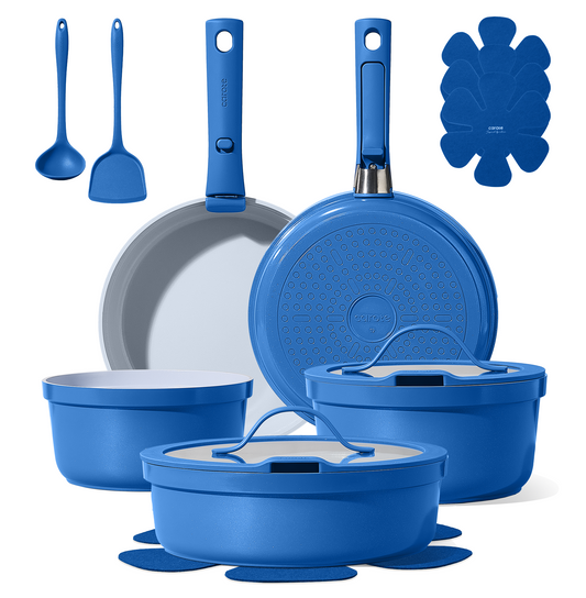 CAROTE 15pcs Pots and Pans Set,Ceramic Cookware Sets Non Stick with Detachable Handle, Induction Kitchen Pots and Pans,RV Cooking Set, Oven/Dishwasher/Fridge Safe, Malta Blue