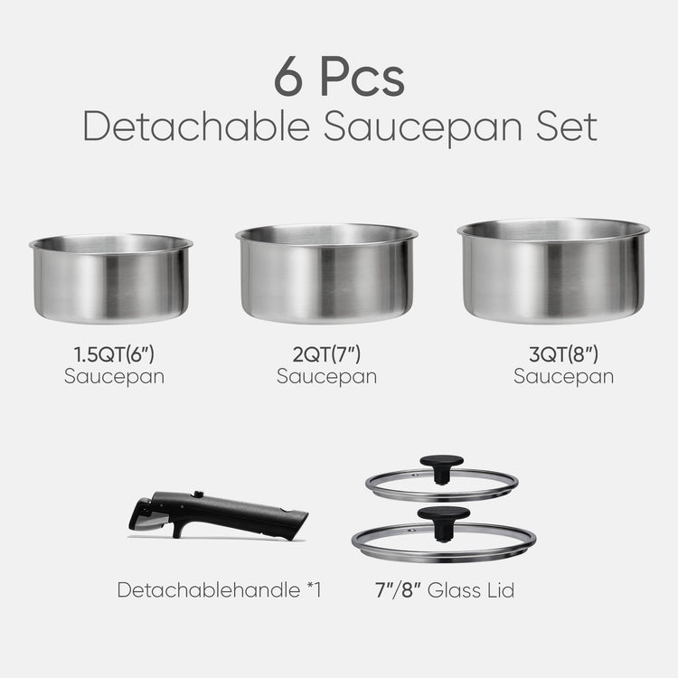 " Carote 6 Pcs Stainless Steel Saucepan Set, Sauce Pans with Detachable Handle, Oven Safe, Induction Ready, Stackable Cookware, Kitchen Cooking Set"