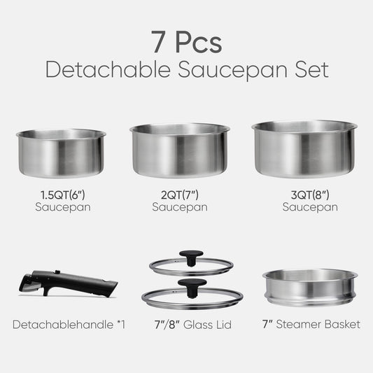 Carote 7 Pcs Stainless Steel Saucepan Set, Sauce Pans with Detachable Handle, Oven Safe, Induction Ready, Stackable Cookware, Kitchen Cooking Set