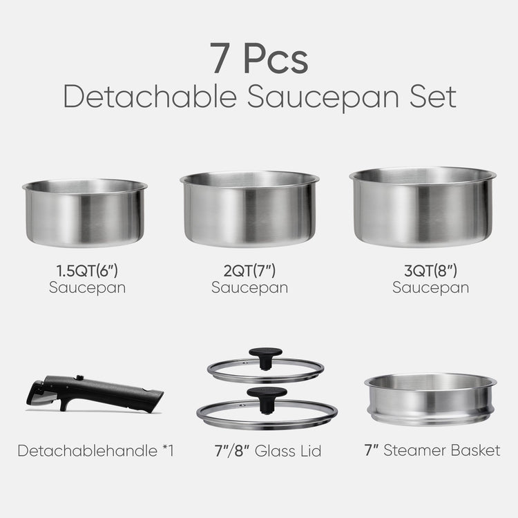 Carote 7 Pcs Stainless Steel Saucepan Set, Sauce Pans with Detachable Handle, Oven Safe, Induction Ready, Stackable Cookware, Kitchen Cooking Set