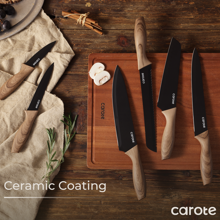 CAROTE 6Pcs Knives Set Stainless Steel, Black, Wooden Handle