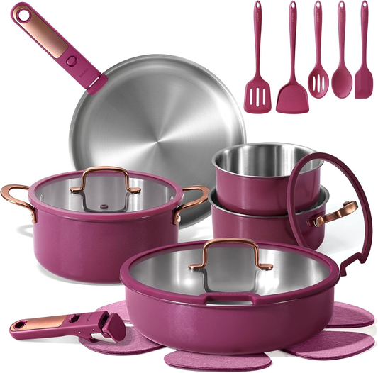 CAROTE 19pcs Tri-Ply Stainless Steel Cookware Set with Detachable Handle, Pots and Pans Set, Induction Kitchen Cooking Sets, RV/Camping Cookware, Outer Ceramic Layer, Oven Safe, Violet Purple