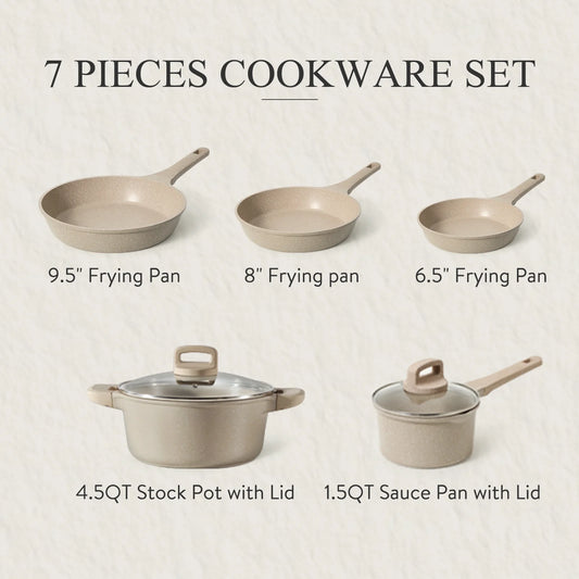 Carote Nonstick Cookware Set 7-Piece,Kitchen Pots and Pans Set,Stay-Cool Handles,Induction Compatible,Cookware Set for RV and Camping,Taupe