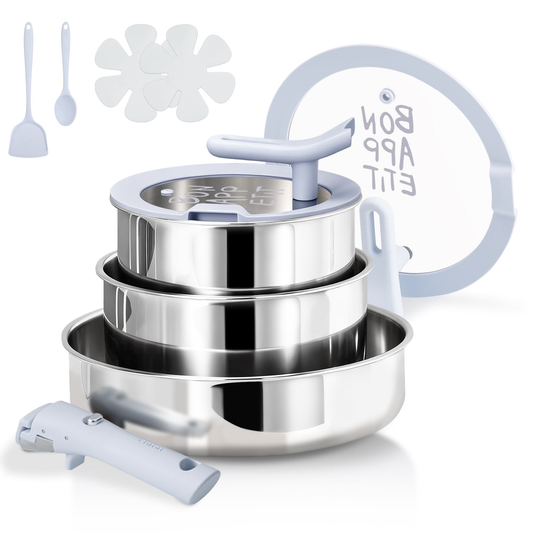 Carote 10-Piece Tri-Ply Stainless Steel Cookware Set with Detachable Handle, Induction Compatible