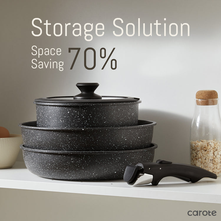 Carote 22 件不沾鍋具套裝帶可拆卸手柄,電磁廚房套裝不粘,可拆卸手柄,房車烤箱安全,黑色