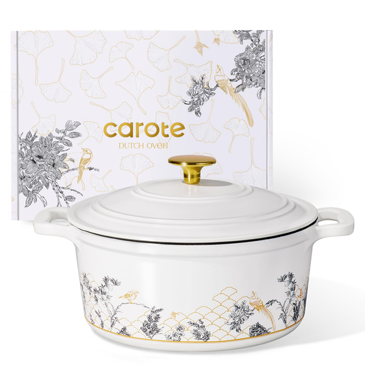 CAROTE 5QT Cast Iron Dutch Oven Pot with Lid, Enameled Floral Dutch Ovens with Gift Box, Cast Iron Pot for Sourdough Bread Baking, Braising, Stews, Roasting, Dual Handles, Healthy & Non-Toxic, All Stovetop Compatible, Oven Safe up to 500° F, White