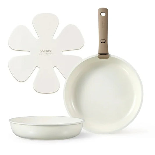 Carote 4 Pcs Ceramic Cookware Sets, Nonstick Pots and Pans Set W/ Detachable Handle, Oven & Dishwasher Safe, Taupe