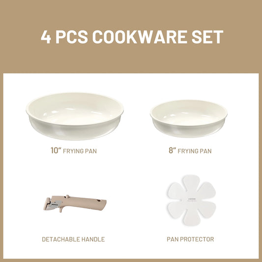 Carote 4 Pcs Ceramic Cookware Sets, Nonstick Pots and Pans Set W/ Detachable Handle, Oven & Dishwasher Safe, Taupe