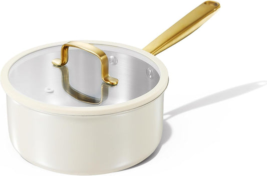 Carote 2QT Tri-Ply Sauce Pan Set with Lid, Durable Sauce Pots, Easy to Clean (White)