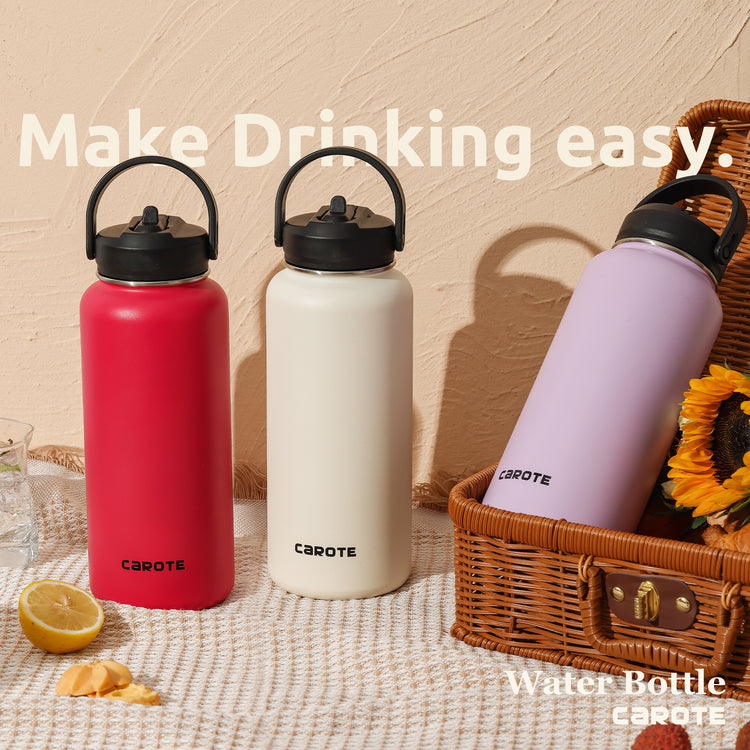 CAROTE Insulated Water Bottles, Water Bottle with Lid and Straw, Wide Mouth Water Bottle with Flex Cap, 32Oz