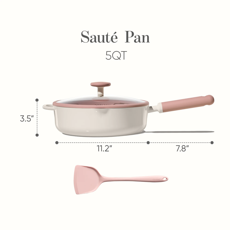 Carote 5 QT Ceramic Nonstick Sauté Pan with Strainer Lid, 11" Deep Frying Pan, Induction Compatible, Easy to Clean, Pink